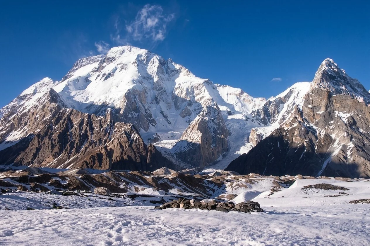 Snow-capped Karakoram peaks under a dramatic sky in Hunza Nagar, Pakistan